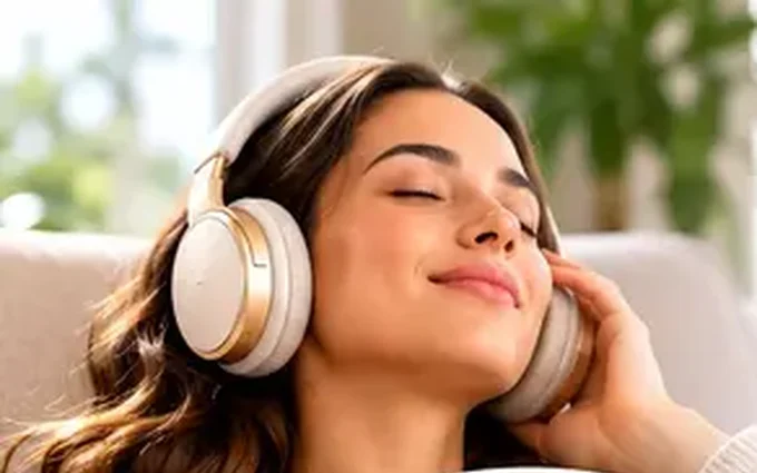 Person relaxing with eyes closed while listening through headphones