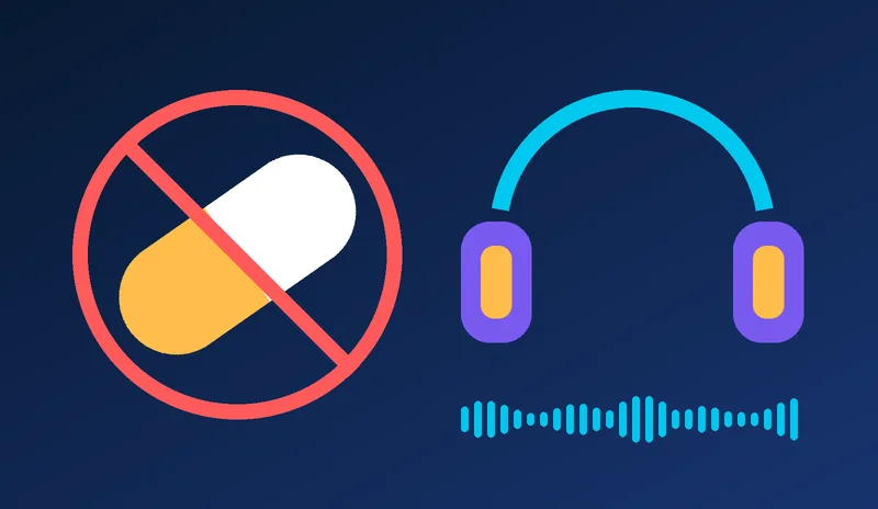 Illustration of a crossed-out capsule beside headphones: the program is digital audio with no capsules or powders