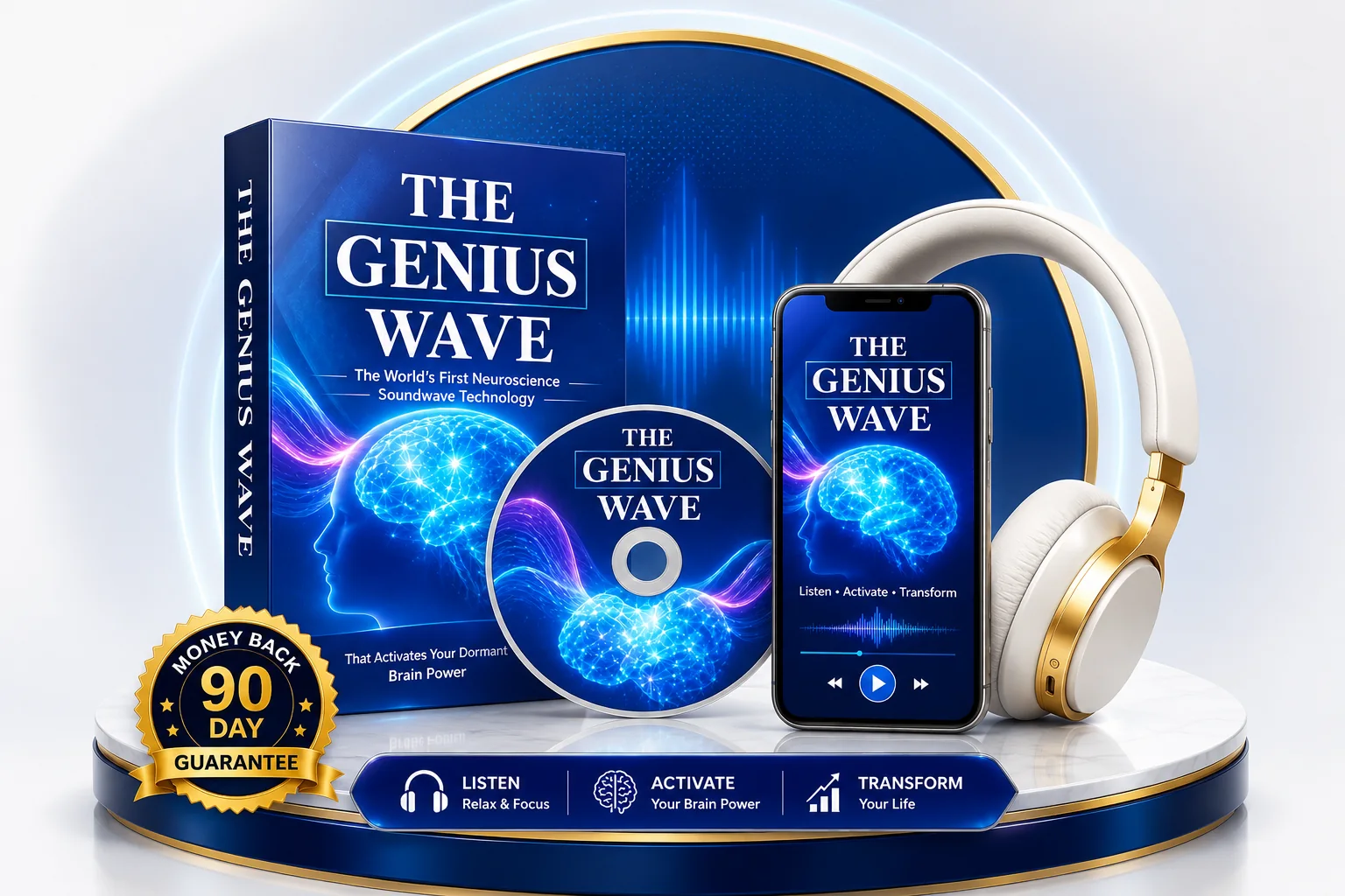 The Genius Song digital audio program bundle with 90-day guarantee seal, shown with headphones and a mobile device